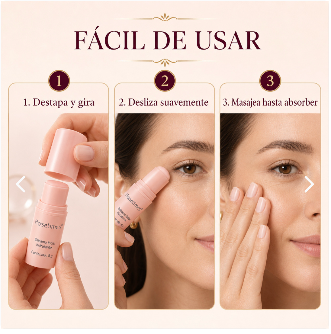 Bálsamo Facial Hidratante en Stick Rosetimes 8g | Firmeza y Luminosidad