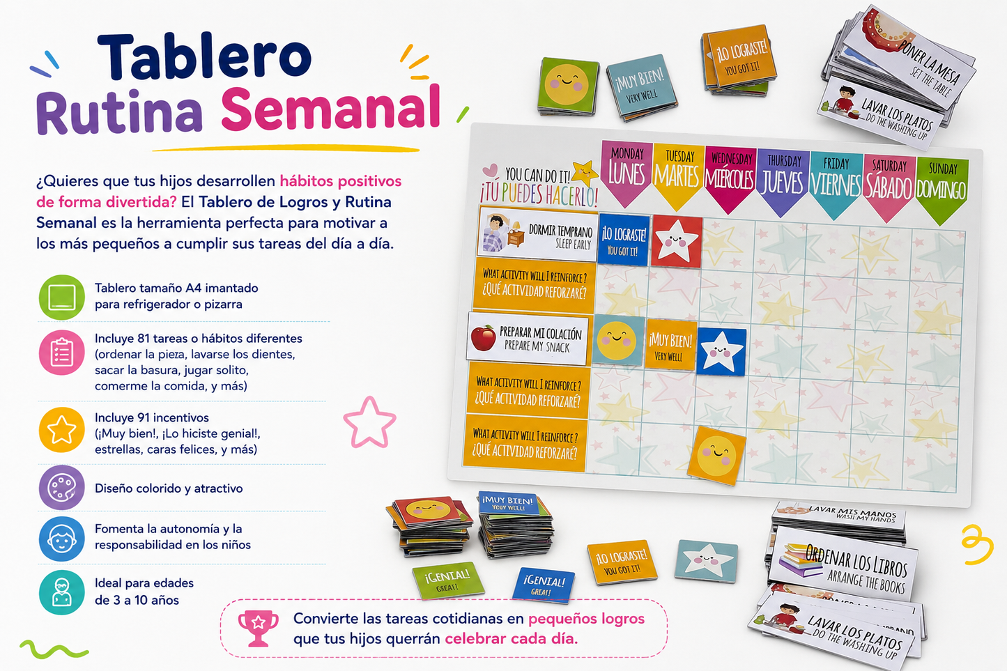 Tablero de Logros Imantado - Rutina Semanal para Niños