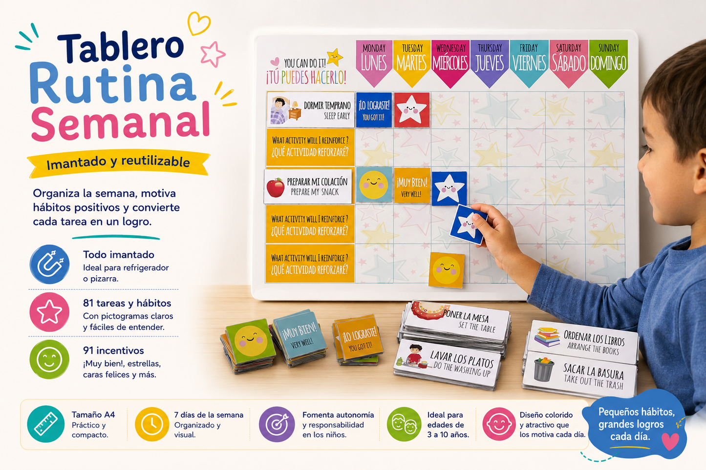 Tablero de Logros Imantado - Rutina Semanal para Niños